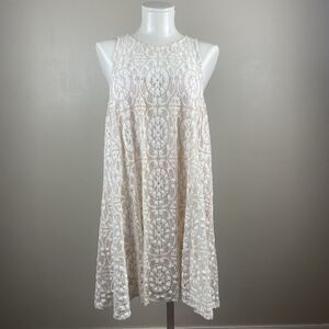 Free People Bohemian Cream Mini Dress with White Lace Overlay Size Medium